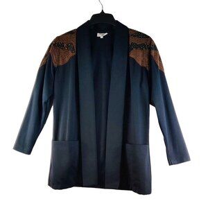 Vintage 80s Black Blazer Loose Cut Brown Leather Shoulder Accent Knit Jacket